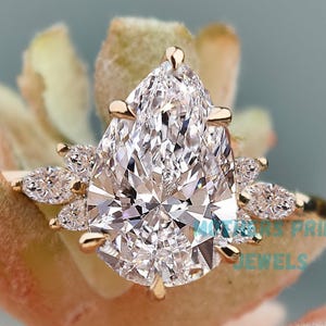 2.5 CT Pear Cut Moissanite Engagement Ring, Tear Drop Wedding Ring, Solid Gold Marquise Stone Hidden Halo Ring, Cluster Anniversary Ring