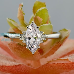 1CT Marquise Diamond Ring with side round Moissanite engagement ring, marquise engagement ring, gift for her, Six Prong Setting Ring