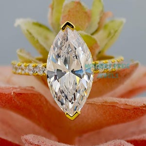Marquise Cut Moissanite V Shaped Prongs Hidden halo Engagement Ring / 18K Rose Gold Solitaire Ring / CVD Diamond Bridal Ring For Gift