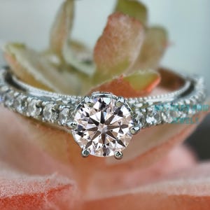 1 CT Vintage Style Round Cut Engagement Ring, Moissanite Ring, 14k Solid White Gold, Prong Setting Diamond, Anniversary/Wedding Gift for her