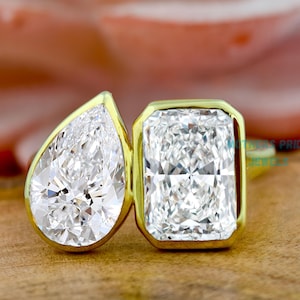 Bezel Set Toi Et Moi Ring Pear Radiant Cut Moissanite Diamond Engagement Ring, 18k Yellow Gold, Anniversary Gift, Two Stone Ring For Her