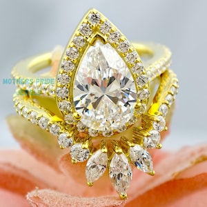 4 tcw Pear Shaped Moissanite Engagement Ring Set Women Cluster Moissanite Wedding Ring Set Vintage White Gold Bridal Set Anniversary Gift
