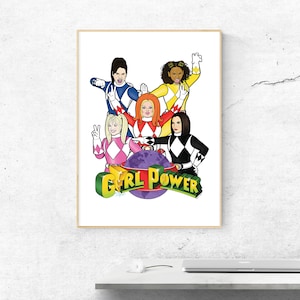 May include: Five female figures in colourful superhero costumes stand in front of a purple globe with the text "GIRL POWER" in green letters. The figures are wearing pink, red, yellow, blue, and black costumes with white accents.