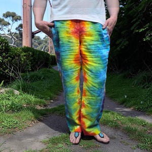 Hand Dyed Tie Dye Pants Chico’s Size 2 (L) Rainbow Festival Pants Boho Hippie Lounge Wear Cotton Blend Quantum Lotus Dyes