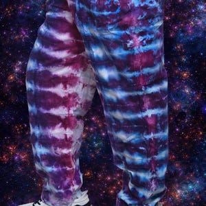 Large Unisex Organic Cotton Linen Tie Dye Pants – Medium Weight Purple Blue Hand Dyed Lounge Festival Pants – Quantum Lotus Dyes