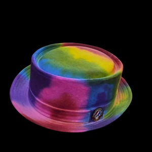Hand Dyed Flat Top Hat with Vintage Licensed Patch | One of a Kind Festival Hat | Psychedelic Rainbow Cotton Hat | Handmade by Quantum Lotus
