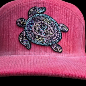 Pink Corduroy Structured Snapback Hat Sea Turtle Patch One of a Kind Festival Hat Adjustable Flat Bill Cap