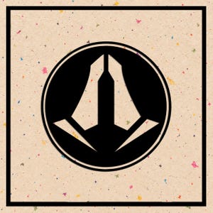 May include: A black circular emblem featuring a stylized, symmetrical geometric icon with pointed edges, centered within a square frame on a light beige background speckled with small, multicolored confetti-like flecks.
