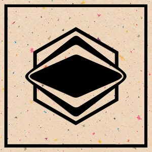 May include: A black graphic design featuring a central diamond shape enclosed within a hexagon, all framed by a thick black square border. The design is set against a light tan background speckled with small, multicolored confetti-like flecks.