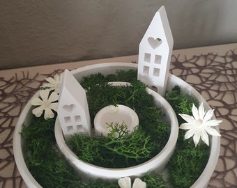 Assiette bougie avec anneau intérieur et petite maison assiette décorative assiette rainurée blanc Raysin printemps cadeau hygge scandi