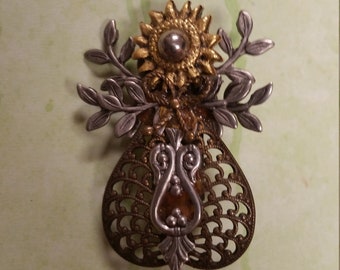 Gold and Silver Tone Open Work Flower in Vase Brooch