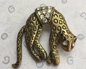 Gold Tone Cheetah Brooch with Rhinestones