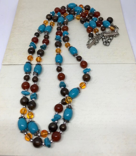 Turquoise and Amber Bead Double Strand Necklace - image 1