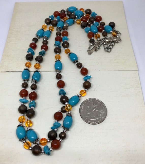 Turquoise and Amber Bead Double Strand Necklace - image 2
