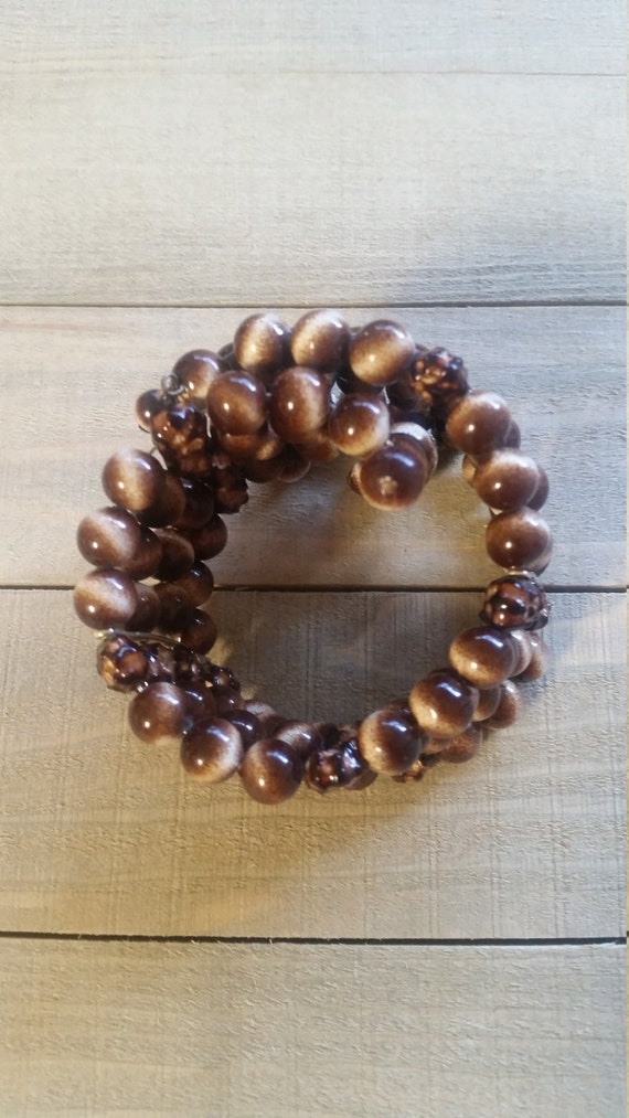 Brown and White Marbled Bead Cuff Bracelet