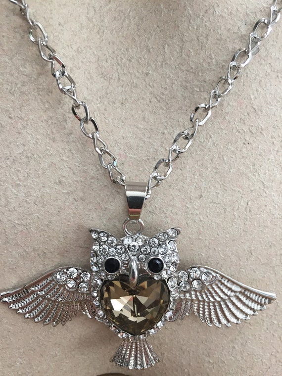 Silver Tone Rhinestone Owl Necklace