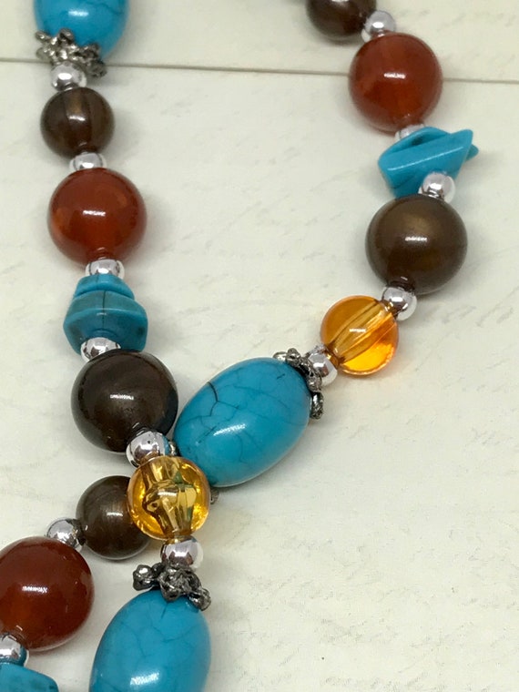 Turquoise and Amber Bead Double Strand Necklace - image 3