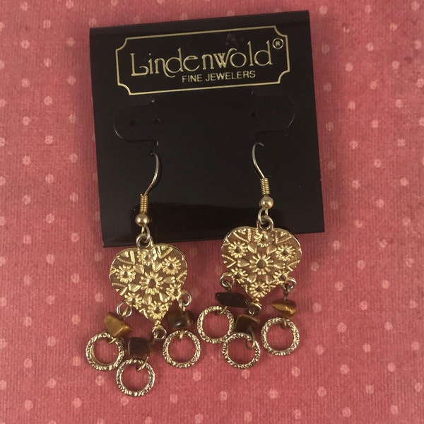 Lindenwold Gold Tone Hanging Heart with Tiger Eye Earrings