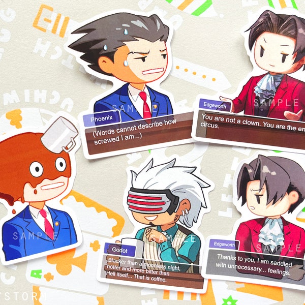 Attorney Meme Stickers (5 types) - Anime Gamer Gift - Bumper Sticker - Journal Sticker - Laptop Sticker