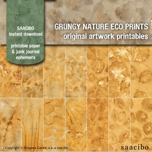 Puede incluir: Un conjunto de 9 papeles digitales imprimibles con estampados ecológicos de hojas y flores en tonos marrones y amarillos. Las impresiones tienen una estética grunge y son perfectas para el diario de chatarra, el scrapbooking y otras manualidades de papel. El texto "GRUNGY NATURE ECO PRINTS original artwork printables" está en la parte superior de la imagen.