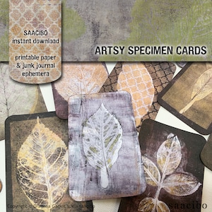 Artsy Specimen Cards Collection, Ephemera, Afdrukbare afbeeldingen, Afdrukbare kunst, Instant Download, Originele Gelli Prints, Planten, Leaf Design