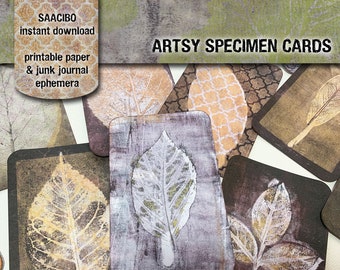 Artsy Specimen Cards Collection, Ephemera, Printable Images, Printable Art, Instant Download, Original Gelli Prints, Plants, Leaf Design