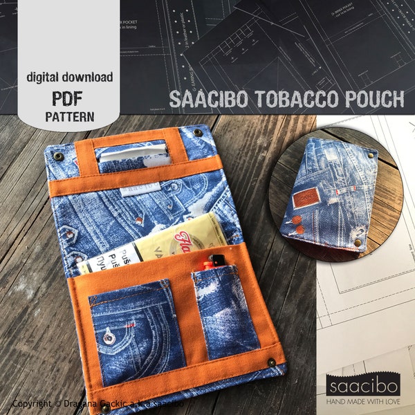 printable pdf, PDF sewing pattern, digital download, tobacco pouch, rolling cigarette organizer, with instructions, step by step tutorial