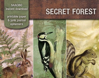 Secret Forest Collection, Printable Images, Instant Download, Digi Kit, Ferns, Mushroom, Rabbit, Squirrel, Woodpecker, Bird