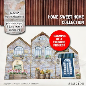 May include: A watercolour illustration of three connected houses with brick facades. The houses feature arched windows, flower boxes, and a blue door. The image includes text that reads "HOME SWEET HOME COLLECTION" and "EXAMPLE OF A FINISHED PROJECT."