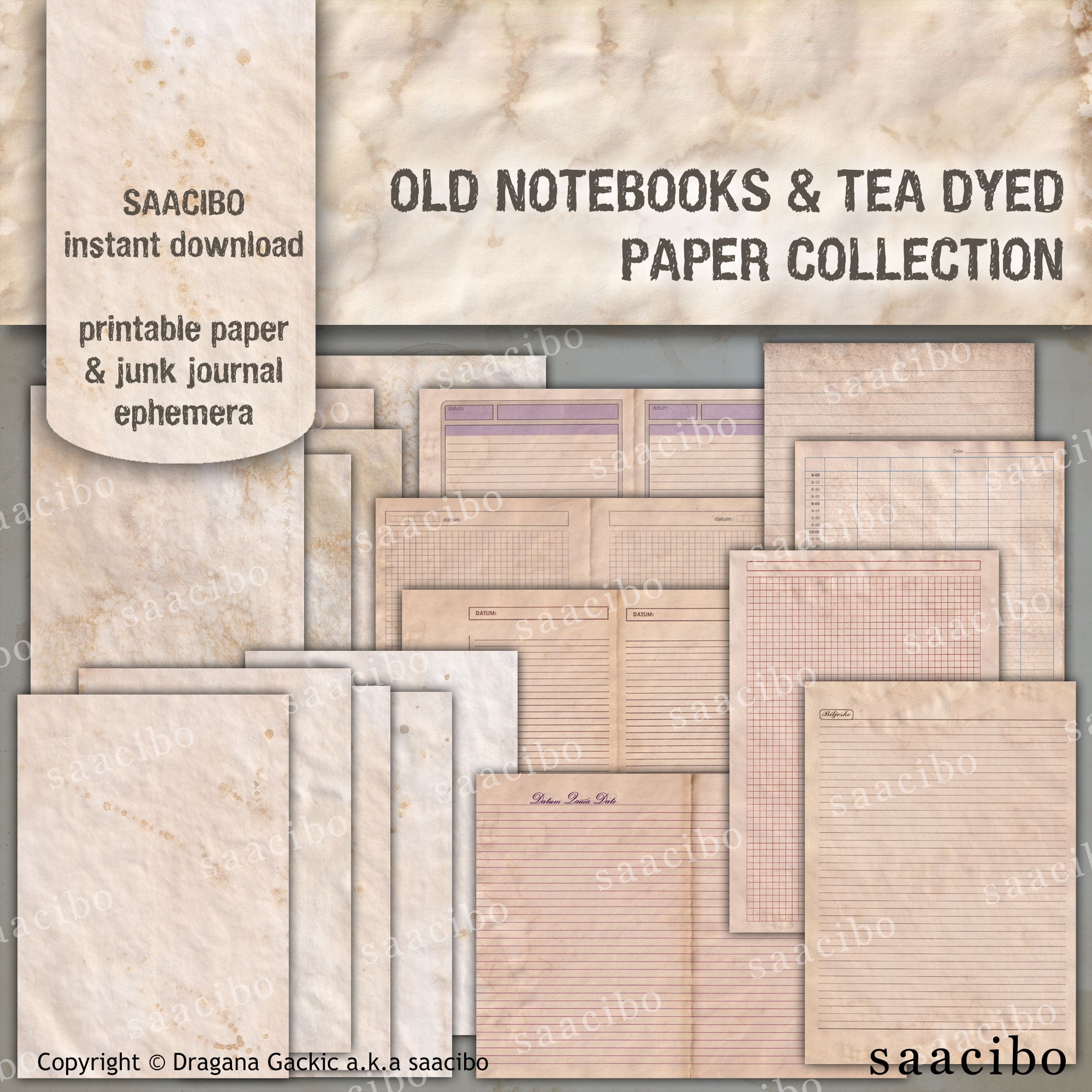 Vintage Scrapbook Sheets Digital Paper, Stained Pages, Old