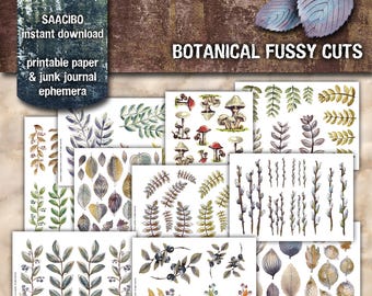 Botanical Fussy Cuts, All Original Artwork, Printable Images, Digi Kit, Leaves, Mushrooms, Berries