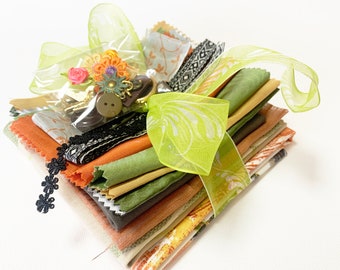 Creative Sewing Kit For Junk Journals, Fabric Art or Slow Stitch. Inspiration Pack. Textile Bundle. Orange Green Floral