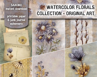 Watercolor Floral Collection, Original Artwork, Printable Images, Instant Download, Digi Kit, Natural Dyes