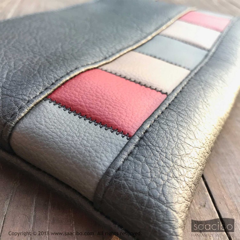 red patchwork blue beige Black leather purse zigzag stitches Phone case Zippered pouch squares Designer bag