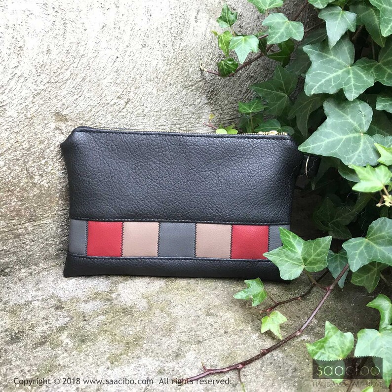 red patchwork blue beige Black leather purse zigzag stitches Phone case Zippered pouch squares Designer bag
