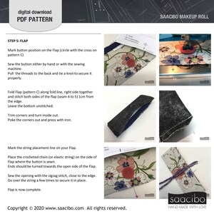 Pu&ograve; includere: Modello PDF scaricabile digitalmente per un astuccio per il trucco. L'immagine mostra istruzioni passo passo con campioni di tessuto, uso della macchina da cucire e primi piani della costruzione della patta. Include testo e il logo Saacibo.
