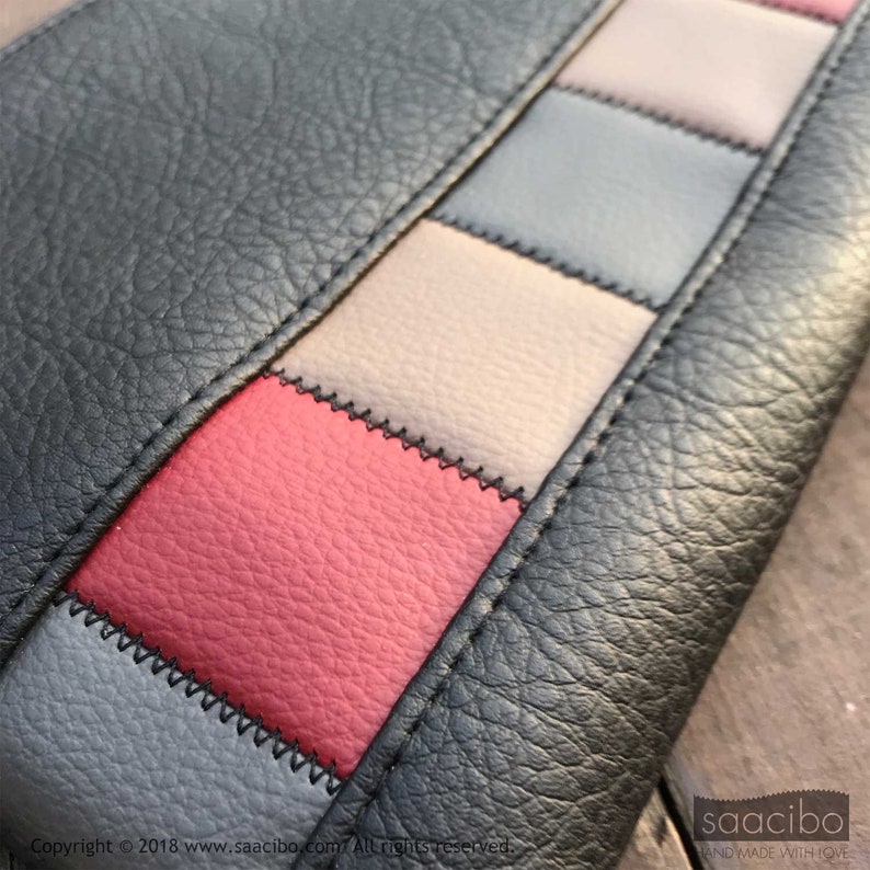 red patchwork blue beige Black leather purse zigzag stitches Phone case Zippered pouch squares Designer bag