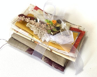 Creative Sewing Kit For Junk Journals, Fabric Art or Slow Stitch. Inspiration Pack. Textile Bundle. Yellow Ochre Floral