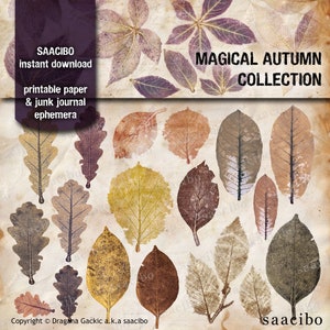 May include: A collection of digitally printed autumn leaves in various colors, including brown, yellow, and purple. The text "MAGICAL AUTUMN COLLECTION" is displayed, along with "SAACIBO instant download printable paper & junk journal ephemera."