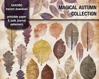 Magische Herbstkollektion, druckbare Bilder, Sofort-Download, Digi Kit, Pflanzen, Bäume, Blätter, Eco Prints