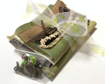 Kreatives Nähset für Junk Journals, Fabric Art oder Slow Stitch. Inspiration Paket. Textil Konvolut. Grün Braun Natur