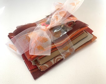 Kreatives Nähset für Junk Journals, Fabric Art oder Slow Stitch. Inspiration Paket. Textil Konvolut. Orange Brauner Herbst