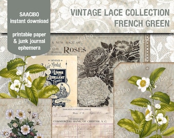 French Green Vintage Lace Collection, Ephemera Classics, Printable Images, Vintage Art, Instant Download, Digital Collage, Digi Kit
