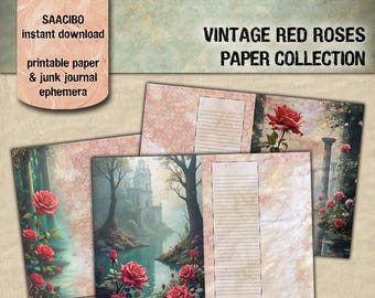 Vintage Red Roses Paper Collection: Junk Journal Ephemera (Digital Download)