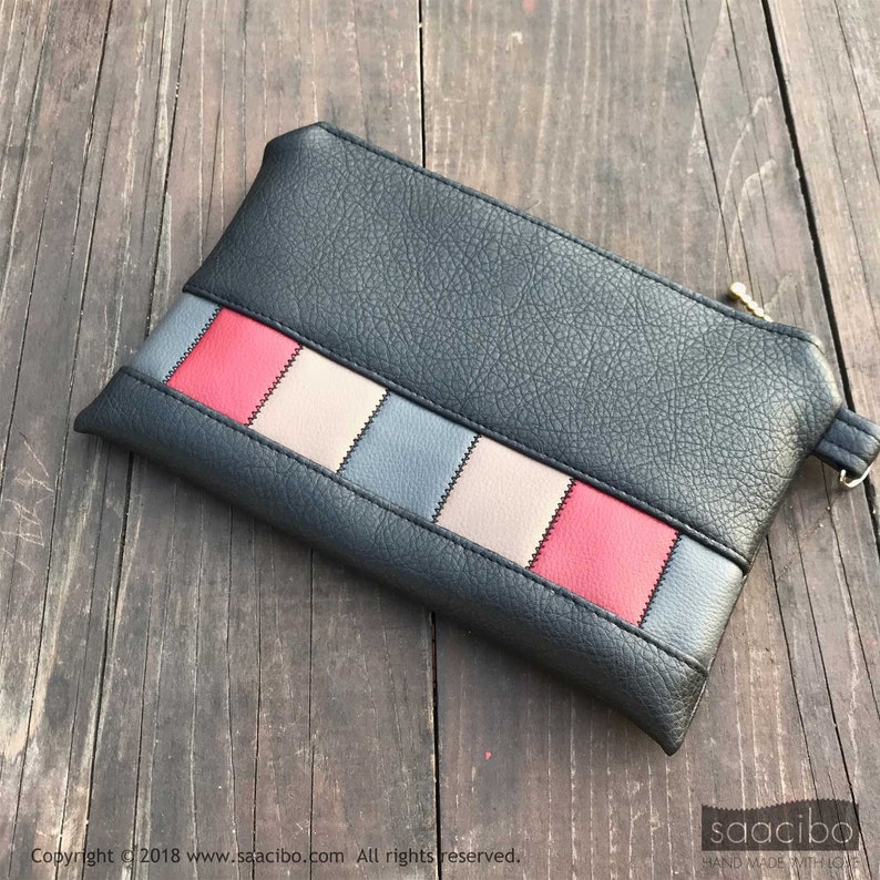 red patchwork blue beige Black leather purse zigzag stitches Phone case Zippered pouch squares Designer bag