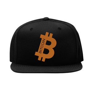 May include: Black baseball cap with an orange Bitcoin logo and the word "BITCOIN" written vertically.