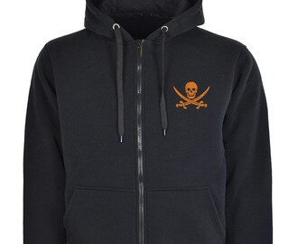 Schädel und Schwerter Piraten-Symbol bestickt Unisex-Herren-Baumwoll-Kapuzenpullover mit Reißverschluss Weiche Bequeme