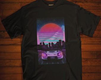 Herren T-shirt Sports Car City Digital Sunset Vaporwave Aesthetics Baumwolle Top Tee