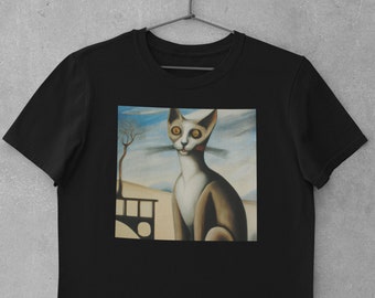 Surrealistische Horror-Malerei einer Katze bedrucktes Baumwoll-T-Shirt Top-T-Shirt Männer Frauen Unisex