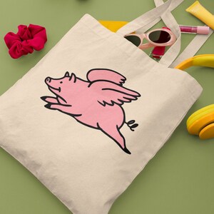 Sac cabas réutilisable en coton bio parodie drôle de cochon volant